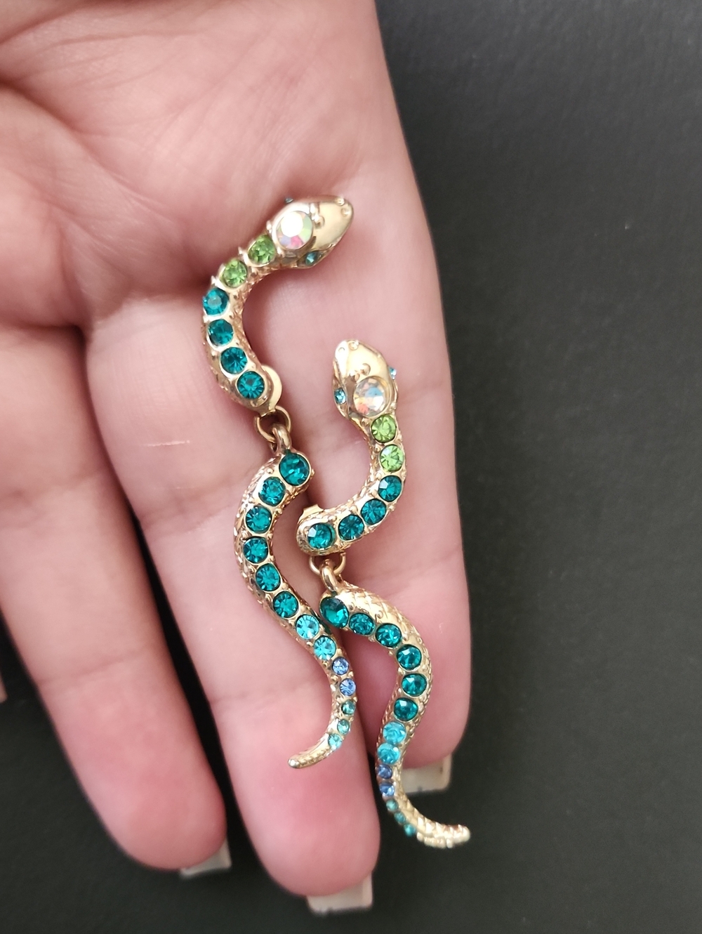 BaubleBar Gold Snake Drop Earrings with Blue, Teal, & Green Crystals. Stud Back